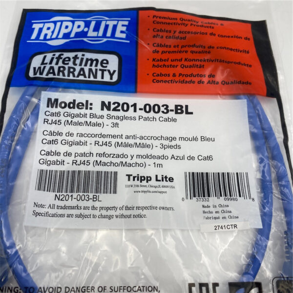 TRIPP LITE 3FT CAT6 GIGABIT SNAGLESS PATCH CABLE RJ45 M/M N201-003-BL - Image 3