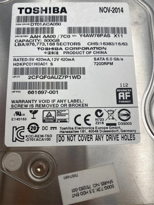 HP 500GB 7.2K 6GB/S 3.5INCH SATA HDD 751283-001 661697-001 - Image 3