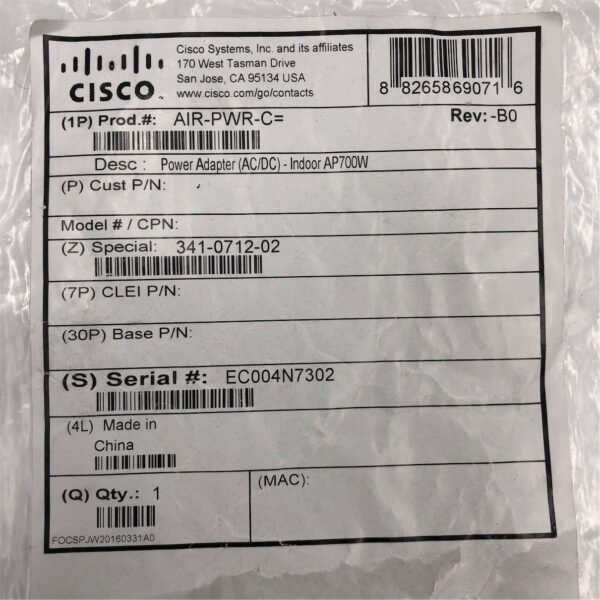 Cisco Power Adapter AC/DC Indoor AP700W AIR-PWR-C - Imagen 7