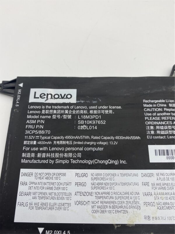 Lenovo Internal,3c,57Wh,LiIon,SMP Date Code: 2019.08 02DL015 02DL016 02DL014 - Image 2